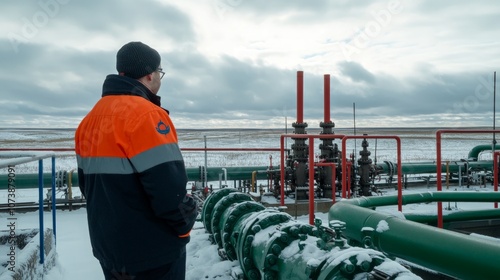 Engineer inspecting snow-covered oil pipeline infrastructure in winter landscape