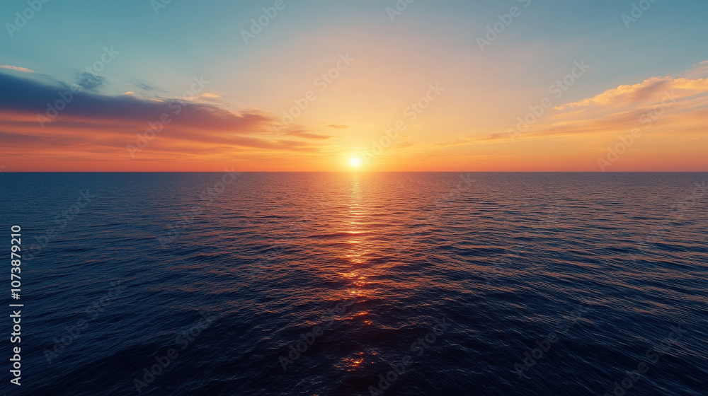 Fototapeta premium Stunning sunset over calm ocean waters, warm colors reflecting beautifully