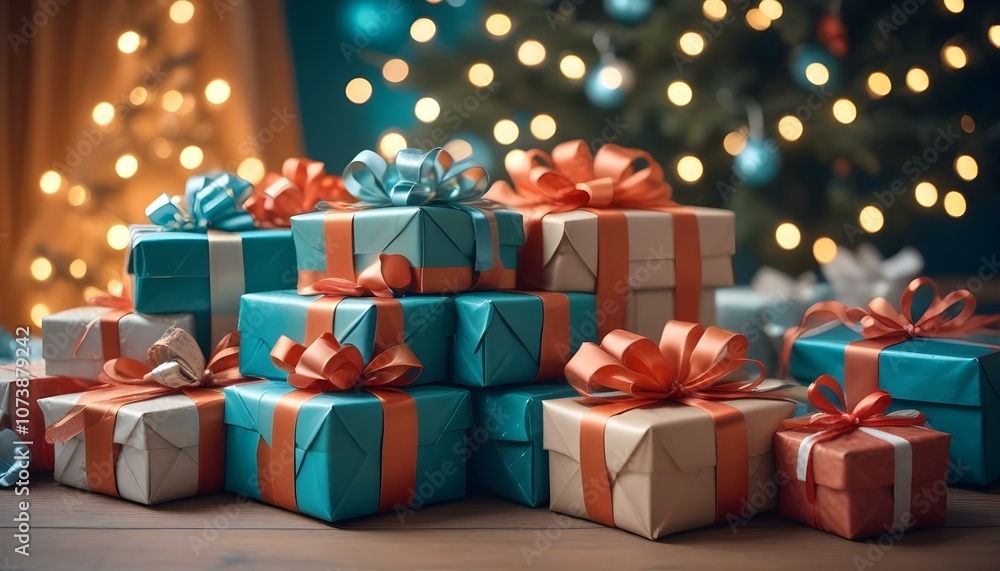 A cozy setup featuring wrapped Christmas gifts with ribbons and tags, placed against a blurred blue bokeh backdrop filled with soft, diffused lights create with ai A cozy setup featuring wrapped Christmas gifts with ribbons and tags, placed against a blurred blue bokeh backdrop filled with soft, diffused lights create with ai