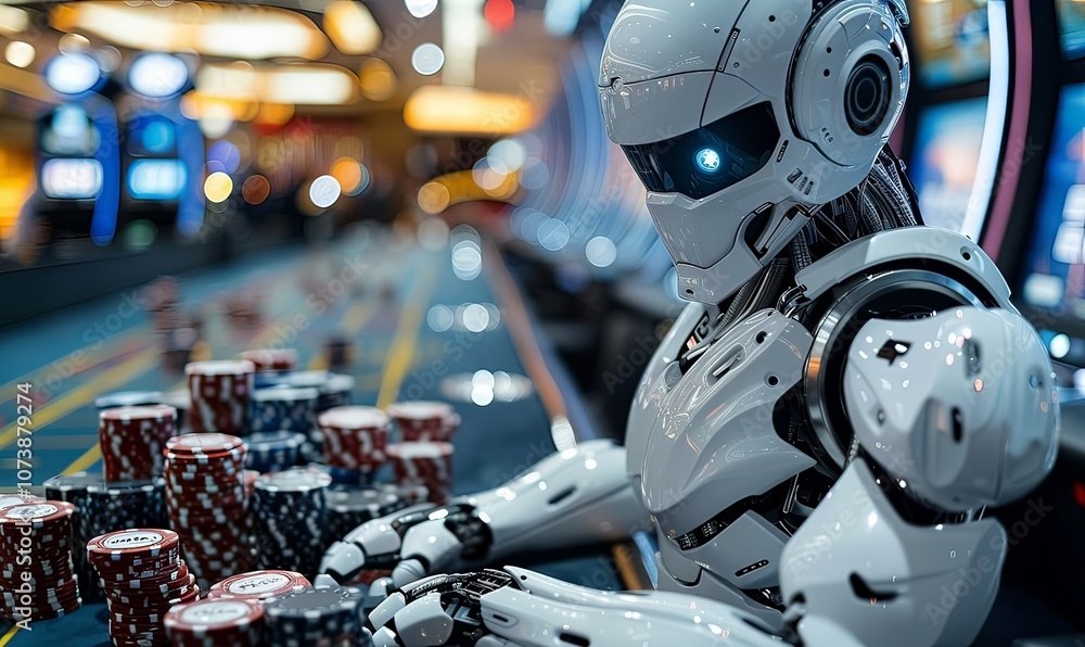 robots are sitting at a table, there are stacks of casino chips on the table, art style, futuristic landscape in the background, Digital illustration robots are sitting at a table, there are stacks of casino chips on the table, art style, futuristic landscape in the background, Digital illustration