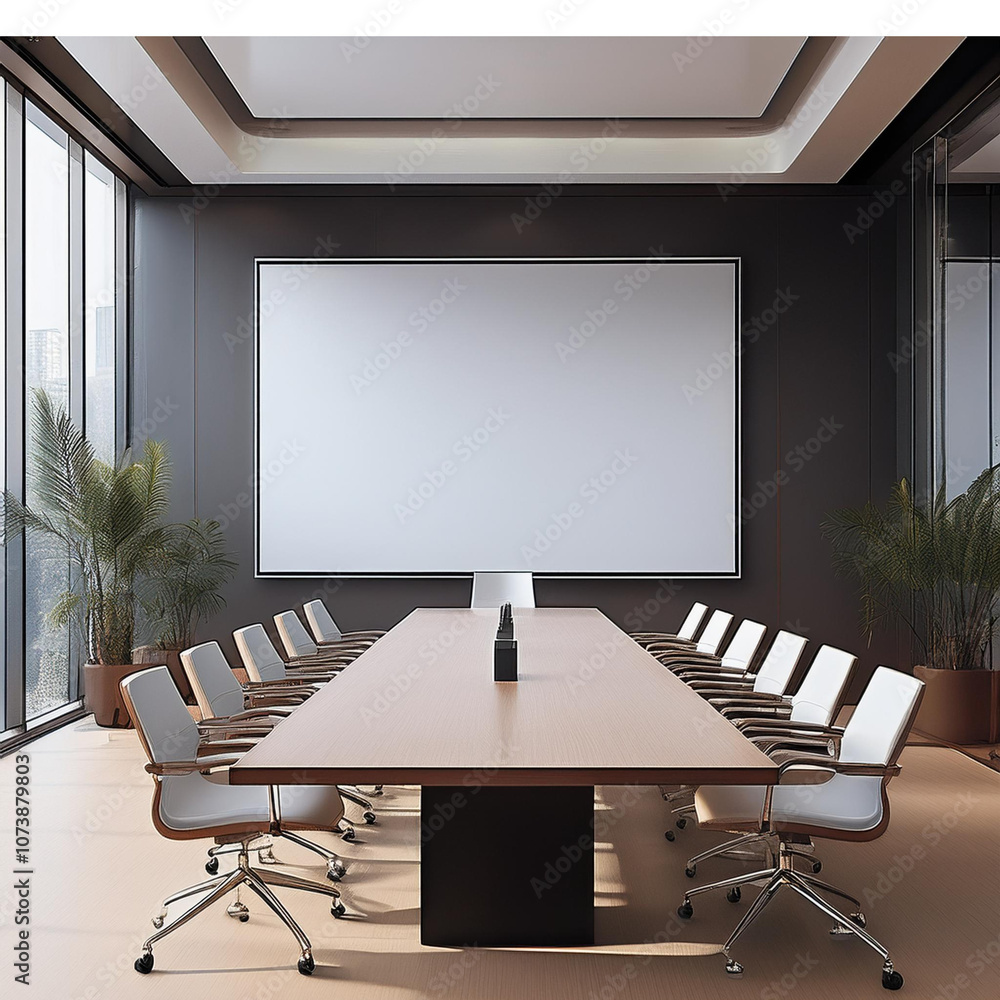 Modern office boardroom meeting room with a blank white screen at the front Modern office boardroom meeting room with a blank white screen at the front