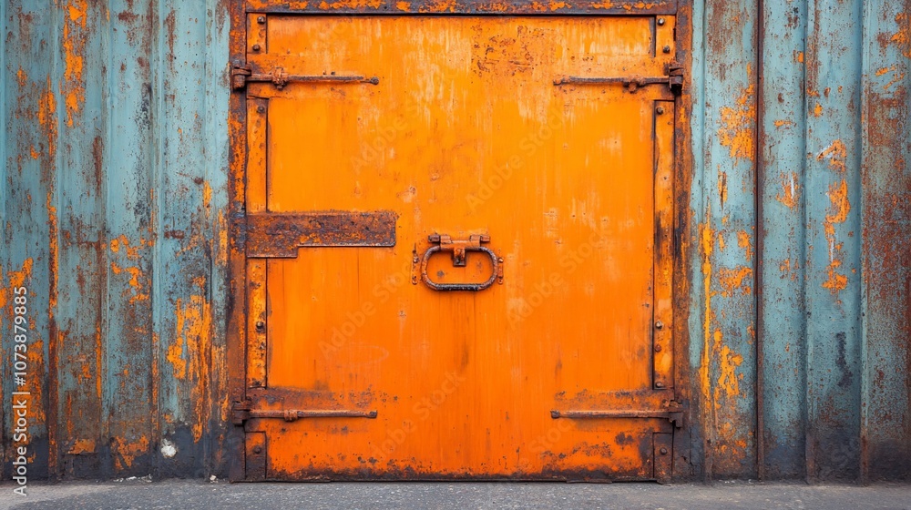 Rusty orange metal door on a weathered blue wall. Rusty orange metal door on a weathered blue wall.