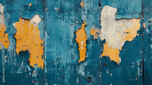 A close-up of a weathered wooden door with peeling blue and yellow paint.