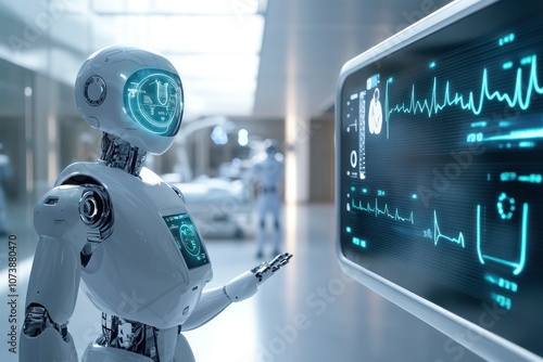 An AI-driven hospital monitoring system displaying holographic health stats, robotic assistants adjusting patient care based on real-time data. photo