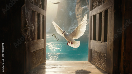 Dove Returns to Noah’s Ark With an Olive Branch After the Flood photo