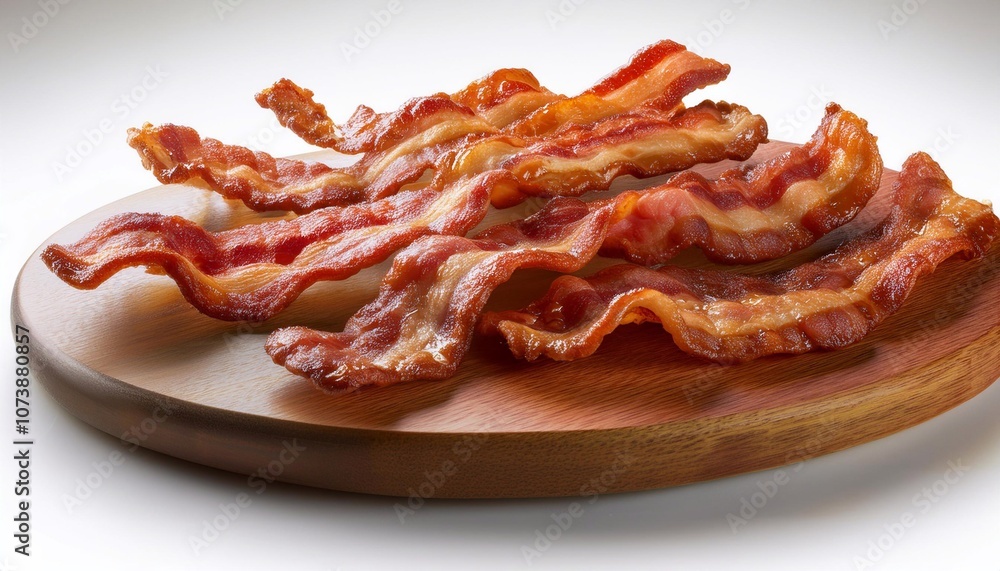 Delicious crispy bacon strips on wooden board Delicious crispy bacon strips on wooden board