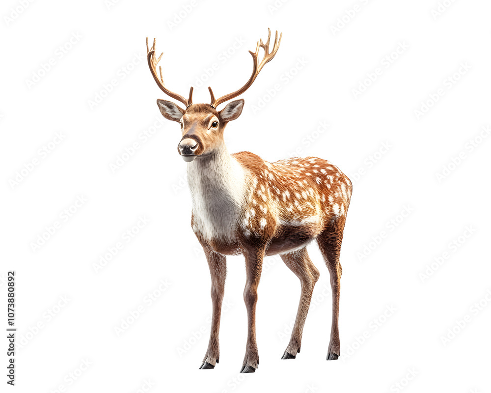 A beautiful, realistic depiction of a deer standing gracefully with its distinctive spotted coat and majestic antlers A beautiful, realistic depiction of a deer standing gracefully with its distinctive spotted coat and majestic antlers