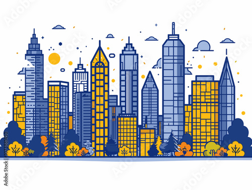 City skyline with a large green tree in the foreground. The city is full of tall buildings and the sky is cloudy. Atlanta