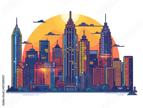 City skyline with a large green tree in the foreground. The city is full of tall buildings and the sky is cloudy. Atlanta