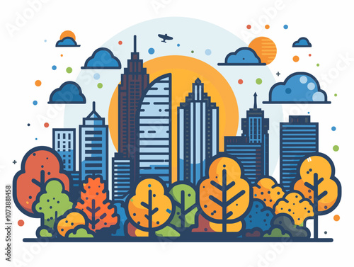 City skyline with a large green tree in the foreground. The city is full of tall buildings and the sky is cloudy. Atlanta