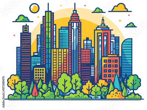 City skyline with a large green tree in the foreground. The city is full of tall buildings and the sky is cloudy. Atlanta