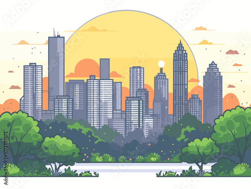 City skyline with a large green tree in the foreground. The city is full of tall buildings and the sky is cloudy. Atlanta