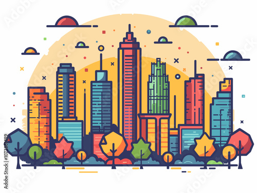 City skyline with a large green tree in the foreground. The city is full of tall buildings and the sky is cloudy. Atlanta