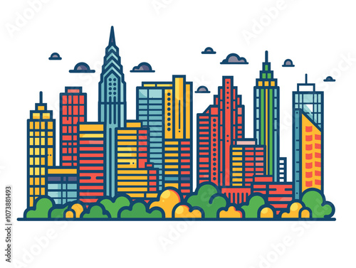 City skyline with a large green tree in the foreground. The city is full of tall buildings and the sky is cloudy. Atlanta