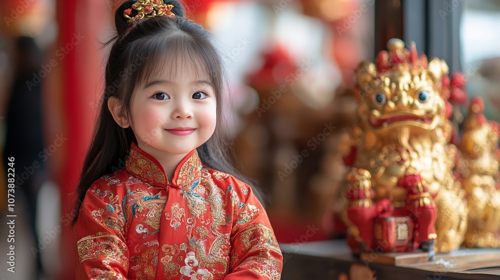 A young girl in a traditional Chinese dress smiles cheerfully, with a golden lion statue behind her. A young girl in a traditional Chinese dress smiles cheerfully, with a golden lion statue behind her.