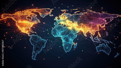 Abstract digital world map with colorful connections and network lines photo