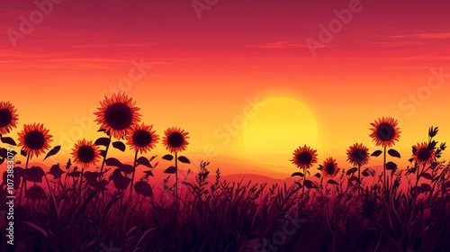 Silhouettes of sunflowers in a field at sunset.