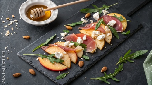 Elegant prosciutto and peach appetizer with feta and honey - perfect for gourmet food blogs, restaurant menus, catering websites, and summer party inspiration