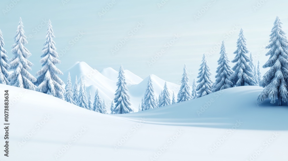 Snow-covered landscape with frosted pine trees and distant mountains, AI Snow-covered landscape with frosted pine trees and distant mountains, AI