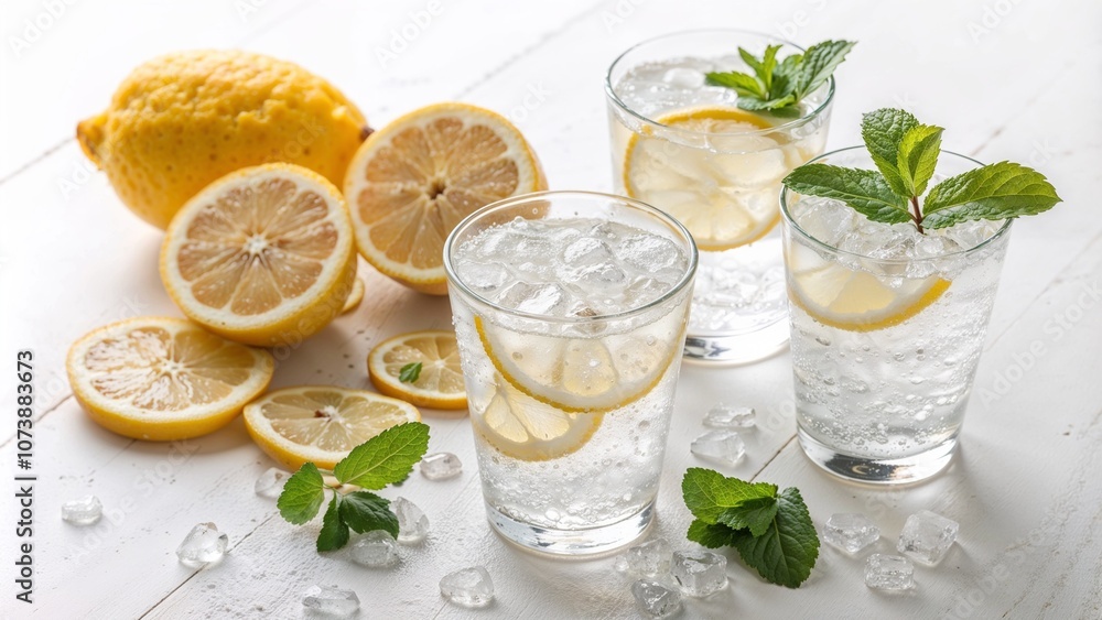 Refreshing lemon basil lemonade with ice - perfect for summer drink blogs, cocktail websites, beverage photography, and healthy lifestyle presentations Refreshing lemon basil lemonade with ice - perfect for summer drink blogs, cocktail websites, beverage photography, and healthy lifestyle presentations