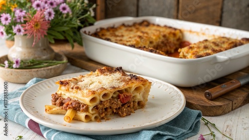 Homemade pastitsio slice with baked pasta casserole - perfect for Greek cuisine blogs, family recipe websites, comfort food photography, and Mediterranean cooking presentations photo