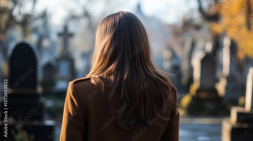 Woman with Long Brown Hair in a Brown Coat Reflects in a Peaceful Cemetery Setting Woman with Long Brown Hair in a Brown Coat Reflects in a Peaceful Cemetery Setting