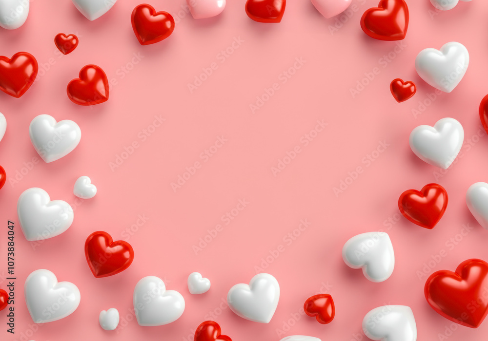 Festive heart-shaped candies arranged on a pink background for Valentine's Day celebration, creating a cheerful and loving atmosphere Festive heart-shaped candies arranged on a pink background for Valentine's Day celebration, creating a cheerful and loving atmosphere
