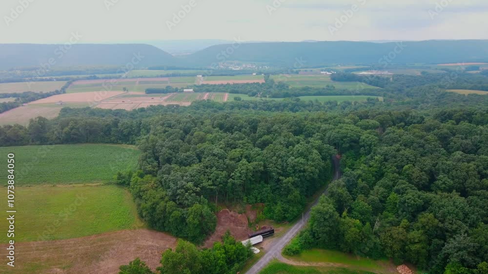 Aerial landscape of colorful green country side scene corn field in Appalachia Pennsylvania Aerial landscape of colorful green country side scene corn field in Appalachia Pennsylvania