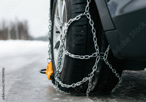 Car with snow chains on tires parked in a winter landscape with snow-covered ground during daytime photo