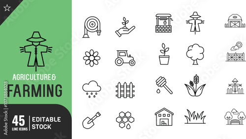 Farming line editable icon set. Cattle, Cow, Pig, Lamb, Chicken, Windmill, Wheat thin modern style vector illustration.