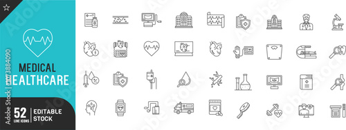 Medical and healthcare line editable icon set.   Cardiology, doctor, nurse, insurance thin modern style vector illustration.
