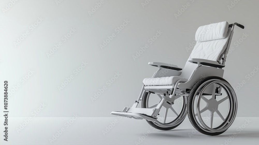 Modern Comfortable White Wheelchair in Minimalist Interior for Assistive Technology and Accessibility Concepts Modern Comfortable White Wheelchair in Minimalist Interior for Assistive Technology and Accessibility Concepts