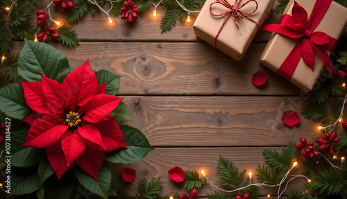 Wooden table with red poinsettia, Christmas gifts, and string lights, festive atmosphere, copy space,  decoration on wooden background photo