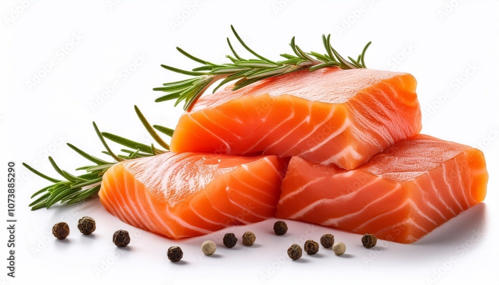 Fresh salmon fillets with rosemary and peppercorns on white background Fresh salmon fillets with rosemary and peppercorns on white background