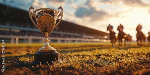 Golden Trophy at Horse Racing Event with Horses Galloping on Racecourse in Background during Sunset