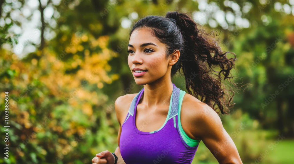 Young woman jogging in a park surrounded by autumn foliage on a bright, sunny day Young woman jogging in a park surrounded by autumn foliage on a bright, sunny day