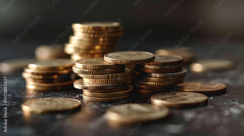 A pile of gold coins on a table A pile of gold coins on a table