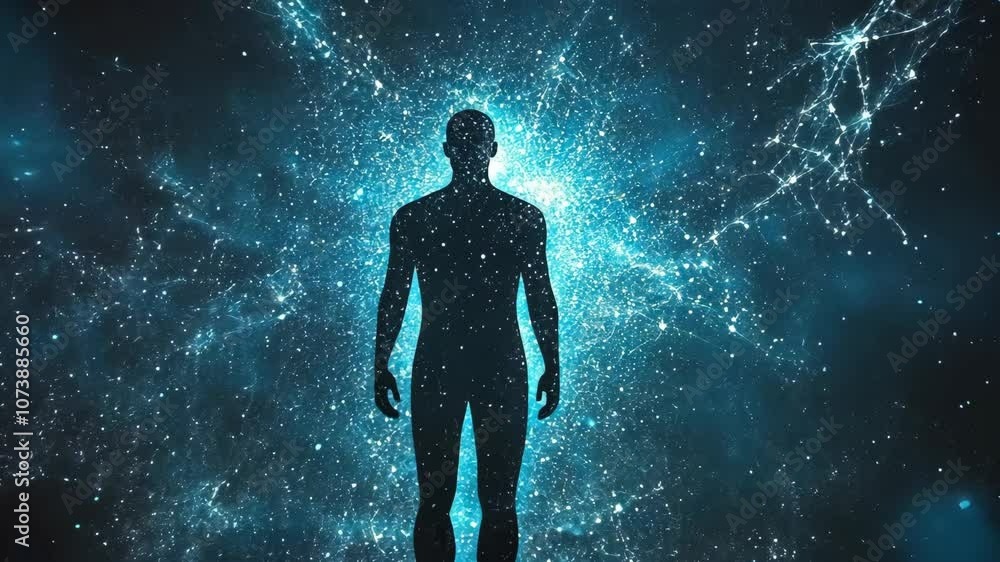 A silhouette of a person stands against a blue, sparkly background A silhouette of a person stands against a blue, sparkly background