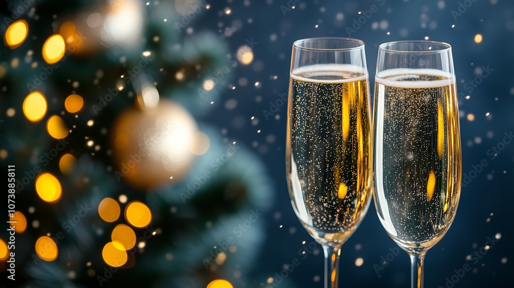 Two glasses of champagne and New Year's decorations in the background. Two glasses of champagne and New Year's decorations in the background.