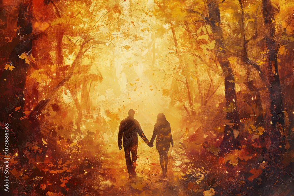 Naklejka premium A couple strolls through a tranquil forest adorned with colorful autumn leaves, enjoying each other's company as the sun sets behind them