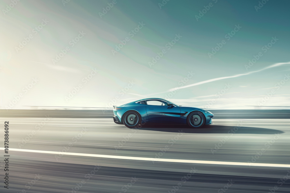 A blue sports car is driving down a road A blue sports car is driving down a road