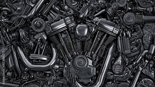 Seamless Pattern Featuring Harley Davidson Steel Engine Parts and Intricate Design Details