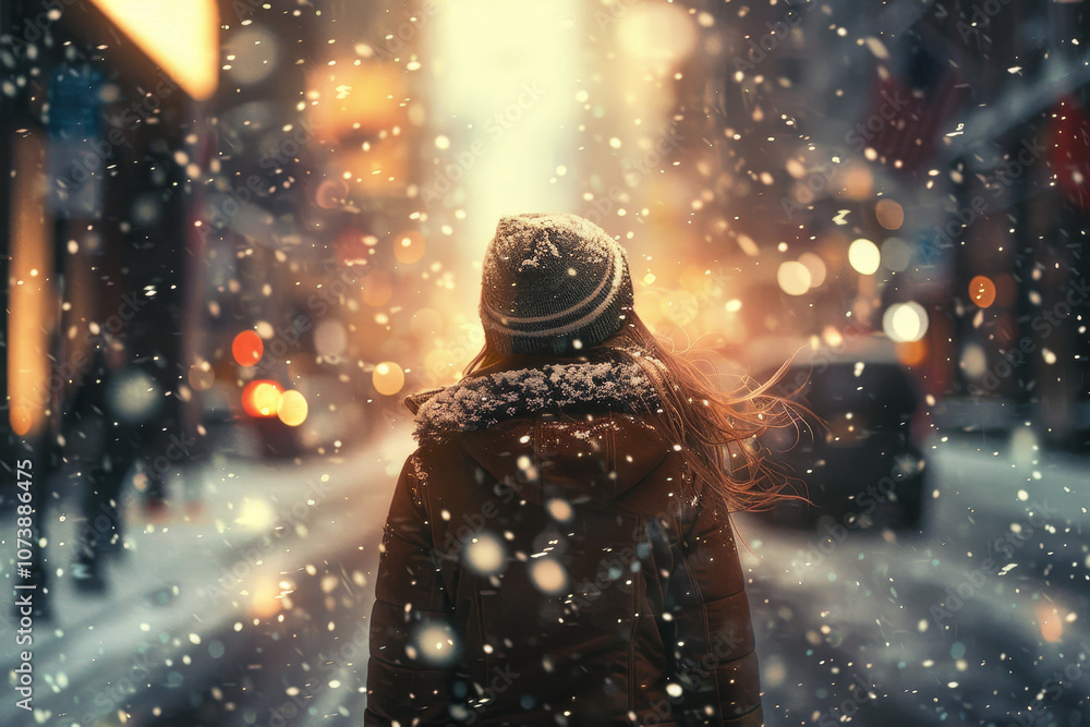 A woman wearing a hat and a coat is walking down a snowy street A woman wearing a hat and a coat is walking down a snowy street