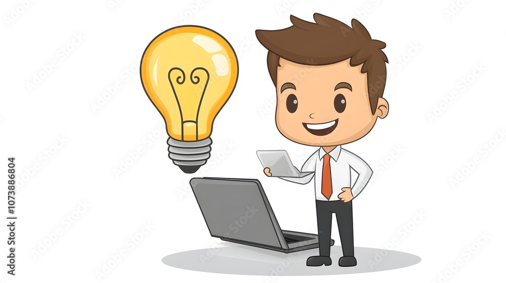 Entrepreneur_with_light_bulb_idea_and_laptop_with_vector_illustration_White_background Entrepreneur_with_light_bulb_idea_and_laptop_with_vector_illustration_White_background