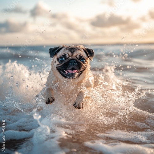 A cute pug dog is happily splashing around in the ocean waves.