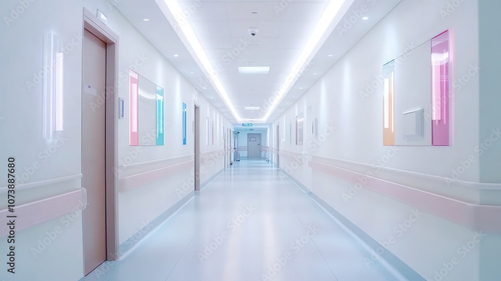 A brightly lit hospital corridor with clean white walls and color-coded lines, leading to different departments for easy navigation. A brightly lit hospital corridor with clean white walls and color-coded lines, leading to different departments for easy navigation.