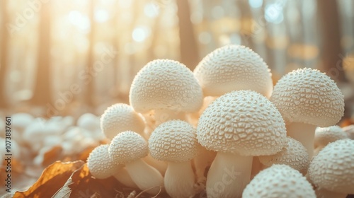 Close up of a group of white mushrooms growing in the forest with sunlight filtering through the trees. photo