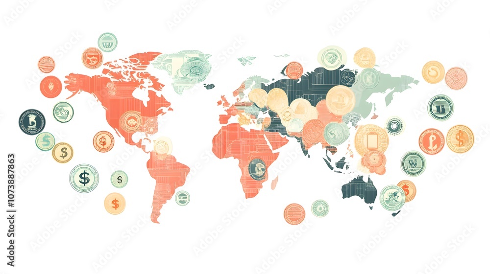 Fototapeta premium Global_Market_with_world_map_and_currency_icons_with_vector_illustration_White_background