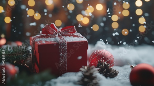 A red gift box with Christmas decorations next to it on a blurred background.