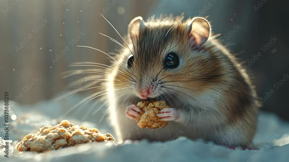 Hamster enjoying a snack with gentle sunlight coming from the side, minimal background Hamster enjoying a snack with gentle sunlight coming from the side, minimal background